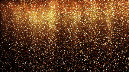 Gold glitter powder rain. Festive golden scattered dust particles with sparkle shine confetti. Stylish fashion backdrop. Glamour award abstract 3D illustration