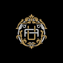 Initial letter A and U, AU, UA, decorative ornament emblem badge, overlapping monogram logo, elegant luxury silver gold color on black background