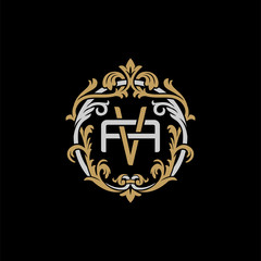 Initial letter A and V, AV, VA, decorative ornament emblem badge, overlapping monogram logo, elegant luxury silver gold color on black background