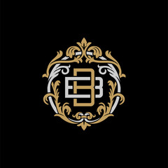 Initial letter B and B, BB, decorative ornament emblem badge, overlapping monogram logo, elegant luxury silver gold color on black background