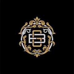 Initial letter B and G, BG, GB, decorative ornament emblem badge, overlapping monogram logo, elegant luxury silver gold color on black background - obrazy, fototapety, plakaty
