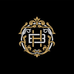 Initial letter B and H, BH, HB, decorative ornament emblem badge, overlapping monogram logo, elegant luxury silver gold color on black background