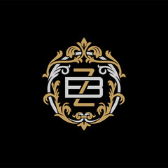 Initial letter B and Z, BZ, ZB, decorative ornament emblem badge, overlapping monogram logo, elegant luxury silver gold color on black background