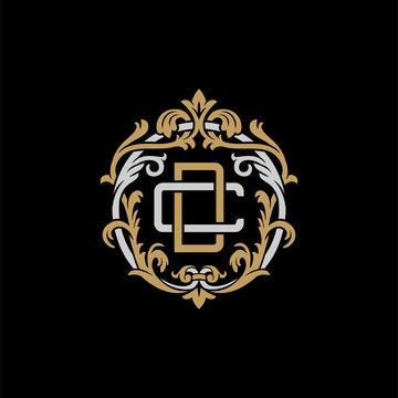 Initial letter C and D, CD, DC, decorative ornament emblem badge, overlapping monogram logo, elegant luxury silver gold color on black background