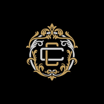 Initial letter C and C, CC, decorative ornament emblem badge, overlapping monogram logo, elegant luxury silver gold color on black background