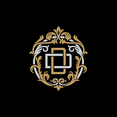 Initial letter D and D, DD, decorative ornament emblem badge, overlapping monogram logo, elegant luxury silver gold color on black background