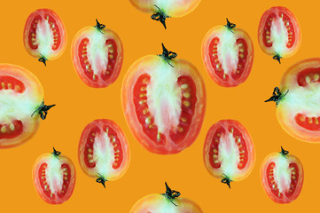 Fly of beautiful trendy seamless pattern cherry tomato isolated on orange