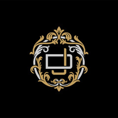 Initial letter D and J, DJ, JD, decorative ornament emblem badge, overlapping monogram logo, elegant luxury silver gold color on black background