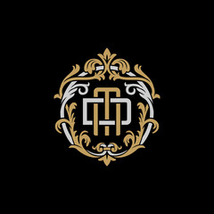 Initial letter D and M, DM, MD, decorative ornament emblem badge, overlapping monogram logo, elegant luxury silver gold color on black background