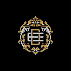 Initial letter E and D, ED, DE, decorative ornament emblem badge, overlapping monogram logo, elegant luxury silver gold color on black background