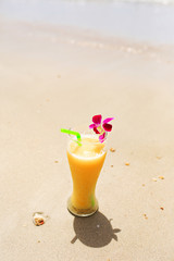 flower beach, sand, mango, island, Thailand, banana shake, shore, tropical fruit, top view, glass, shake, juice, orange, plumeria,