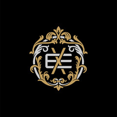 Initial letter E and X, EX, XE, decorative ornament emblem badge, overlapping monogram logo, elegant luxury silver gold color on black background