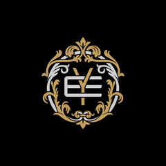 Initial letter E and Y, EY, YE, decorative ornament emblem badge, overlapping monogram logo, elegant luxury silver gold color on black background