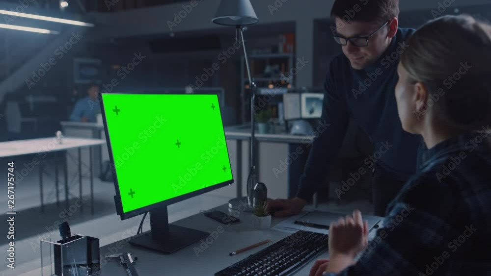 Poster engineer working on desktop computer, screen showing green mock-up screen, her male project manager 