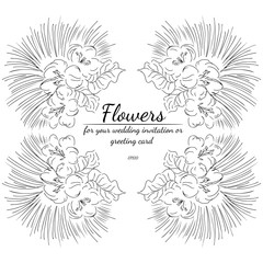 Vector hand drawn sketch with tropical leaves and flowers isolated on white background. Exotic botanical design elements for wedding invitation cards, cosmetics, spa, perfume, beauty salon. Line art