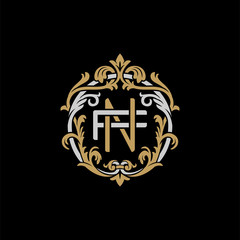 Initial letter F and N, FN, NF, decorative ornament emblem badge, overlapping monogram logo, elegant luxury silver gold color on black background