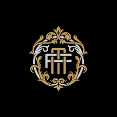 Initial letter F and M, FM, MF, decorative ornament emblem badge, overlapping monogram logo, elegant luxury silver gold color on black background