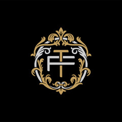 Initial letter F and T, FT, TF, decorative ornament emblem badge, overlapping monogram logo, elegant luxury silver gold color on black background