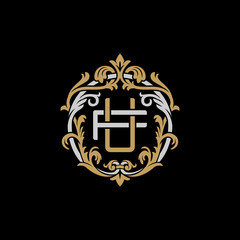 Initial letter F and U, FU, UF, decorative ornament emblem badge, overlapping monogram logo, elegant luxury silver gold color on black background