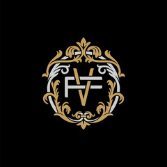 Initial letter F and V, FV, VF, decorative ornament emblem badge, overlapping monogram logo, elegant luxury silver gold color on black background