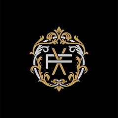 Initial letter F and X, FX, XF, decorative ornament emblem badge, overlapping monogram logo, elegant luxury silver gold color on black background