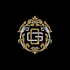 Initial letter G and Q, GQ, QG, decorative ornament emblem badge, overlapping monogram logo, elegant luxury silver gold color on black background