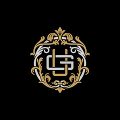 Initial letter G and U, GU, UG, decorative ornament emblem badge, overlapping monogram logo, elegant luxury silver gold color on black background