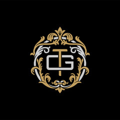 Initial letter G and T, GT, TG, decorative ornament emblem badge, overlapping monogram logo, elegant luxury silver gold color on black background