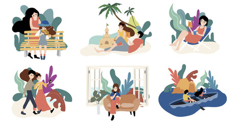 Obraz premium Family character design with activity on play viloin,sit on beach, read book,signseeing,play mobile,boating