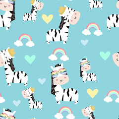 pastel zebra seamless pattern with rainbow and heart