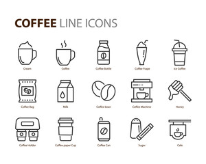 set of coffee line icons, such as ice coffee, milk, restaurant, coffee bean, bar, cafe