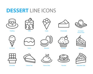 set of dessert icons, such as crepe, sweet, cake, ice cream, scone, choco