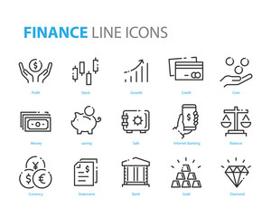 set of finance icons, such as currency, money, coin, statement, balance, safe, bank