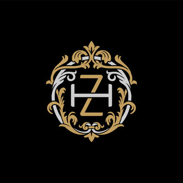 Initial letter H and Z, HZ, ZH, decorative ornament emblem badge, overlapping monogram logo, elegant luxury silver gold color on black background