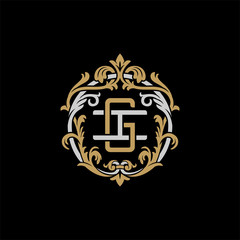Initial letter I and G, IG, GI, decorative ornament emblem badge, overlapping monogram logo, elegant luxury silver gold color on black background