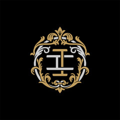 Initial letter I and I, II, decorative ornament emblem badge, overlapping monogram logo, elegant luxury silver gold color on black background