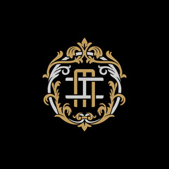 Initial letter I and M, IM, MI, decorative ornament emblem badge, overlapping monogram logo, elegant luxury silver gold color on black background