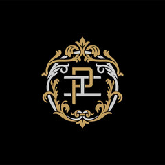Initial letter I and P, IP, PI, decorative ornament emblem badge, overlapping monogram logo, elegant luxury silver gold color on black background
