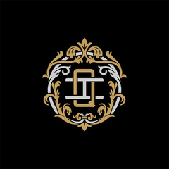 Initial letter I and Q, IQ, QI, decorative ornament emblem badge, overlapping monogram logo, elegant luxury silver gold color on black background