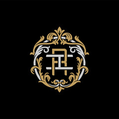 Initial letter I and R, IR, RI, decorative ornament emblem badge, overlapping monogram logo, elegant luxury silver gold color on black background