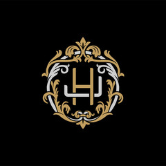 Initial letter J and H, JH, HJ, decorative ornament emblem badge, overlapping monogram logo, elegant luxury silver gold color on black background