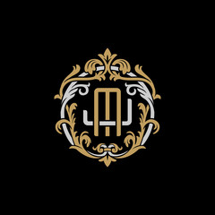 Initial letter J and M, JM, MJ, decorative ornament emblem badge, overlapping monogram logo, elegant luxury silver gold color on black background