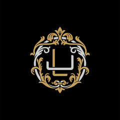 Initial letter J and L, JL, LJ, decorative ornament emblem badge, overlapping monogram logo, elegant luxury silver gold color on black background