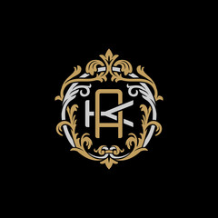 Initial letter K and A, KA, AK, decorative ornament emblem badge, overlapping monogram logo, elegant luxury silver gold color on black background