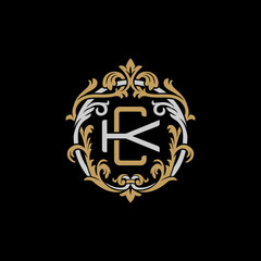Initial letter K and C, KC, CK, decorative ornament emblem badge, overlapping monogram logo, elegant luxury silver gold color on black background