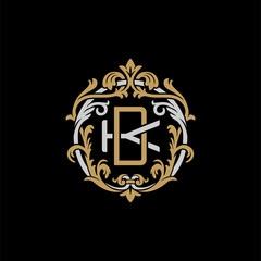 Initial letter K and D, KD, DK, decorative ornament emblem badge, overlapping monogram logo, elegant luxury silver gold color on black background
