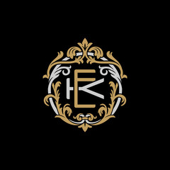 Initial letter K and E, KE, EK, decorative ornament emblem badge, overlapping monogram logo, elegant luxury silver gold color on black background