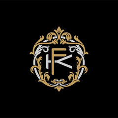 Initial letter K and F, KF, FK, decorative ornament emblem badge, overlapping monogram logo, elegant luxury silver gold color on black background