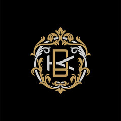 Initial letter K and B, KB, BK, decorative ornament emblem badge, overlapping monogram logo, elegant luxury silver gold color on black background