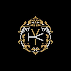 Initial letter K and Y, KY, YK, decorative ornament emblem badge, overlapping monogram logo, elegant luxury silver gold color on black background